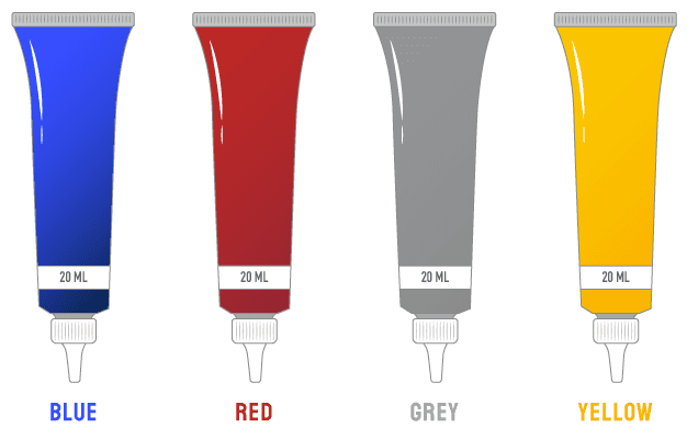 Gel colors: blue, red, grey, yellow